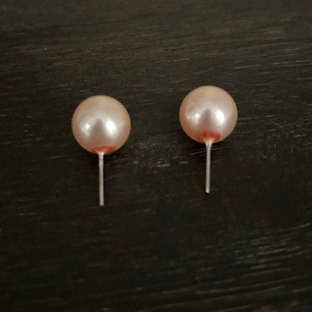 Pink Faux Pearl Stud Earrings | Classic Bridal Bridesmaid Coquette - Picture 5 of 5